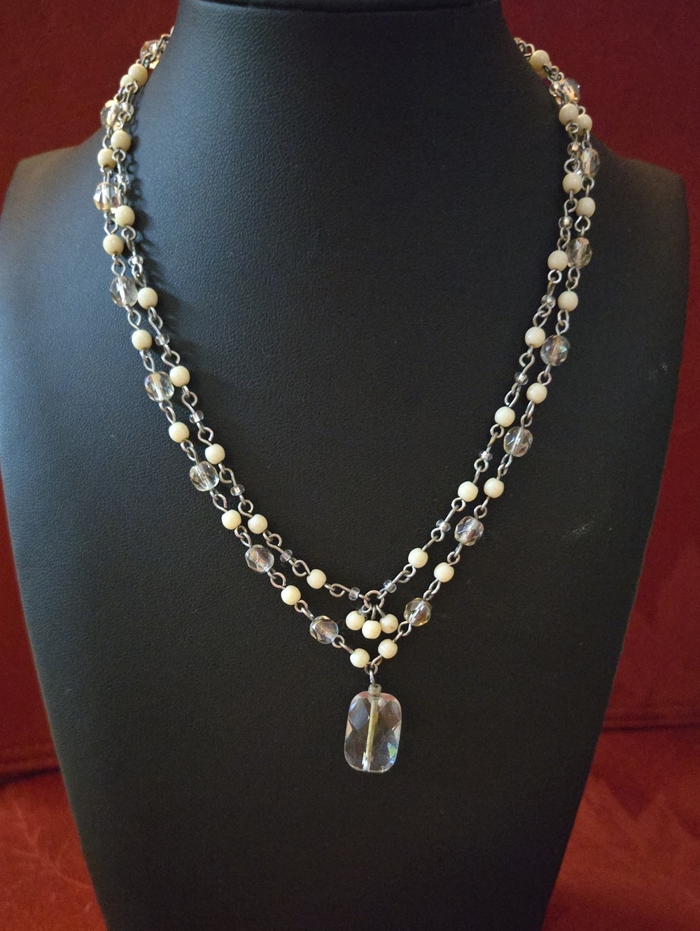 Vintage Necklace/ Choker With Clear Crystal Beads,Faux Pearls,and A Clear Quartz